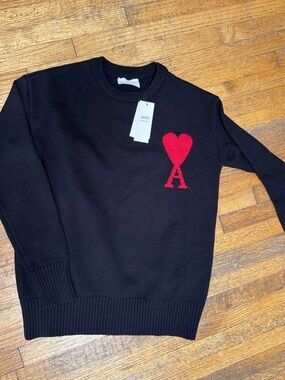 AMI Paris Black Knit Sweater with Red Heart 'A' Men’s size XL New
